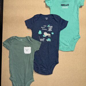 Carters - Size 9M - 3 Pack Onsie Set - Green, Navy Blue, Turquoise